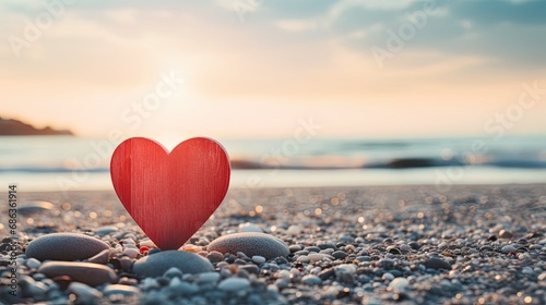 a red heart placed next to a wooden Christian cross on a gravel floor, morning light and a beach sea backdrop to evoke a serene and spiritual atmosphere.