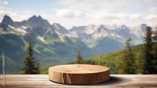 Wooden podium in natural mountain area for product display and presentation