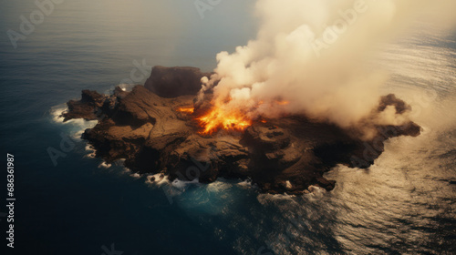 Aerial view of volcanic eruption on an island, with lava meeting the ocean