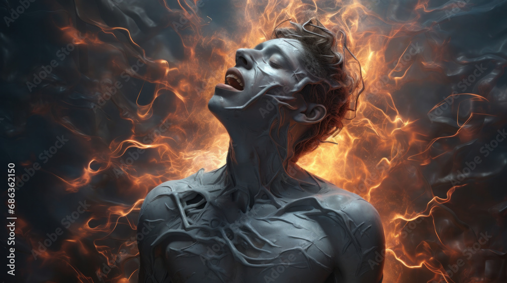 Artistic portrayal of a figure with clay-like skin against a backdrop of flames Artistic portrayal of a figure with clay-like skin against a backdrop of flames