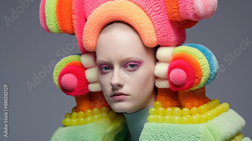 Avant-garde fashion portrait with a model in colorful headwear and striking makeup