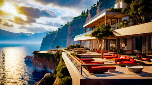 Cliff side house overlooking the ocean on cliff side overlooking the ocean on cliff side.