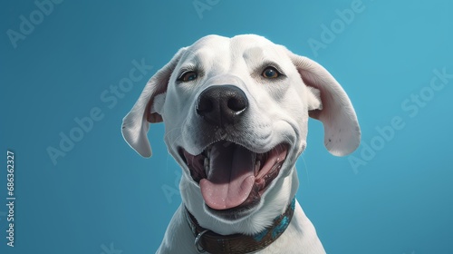 Funny portrait of happy white dog with opened mouth on Isolated blue background