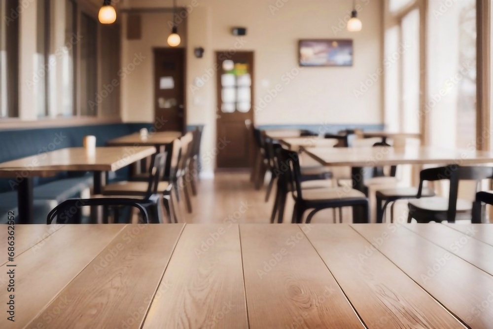 Empty wooden beige table on the background of the dining room of a restaurant or cafe. Advertising background with copy space for product display Empty wooden beige table on the background of the dining room of a restaurant or cafe. Advertising background with copy space for product display