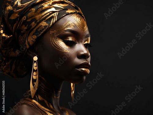 Photo of an African woman face silhouette with golden makeup. Beauty model with dark skin with golden shiny patterns on a black background.