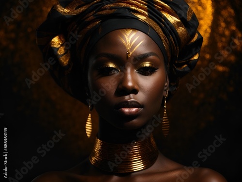 Photo of an African woman face silhouette with golden makeup. Beauty model with dark skin with golden shiny patterns on a black background.
