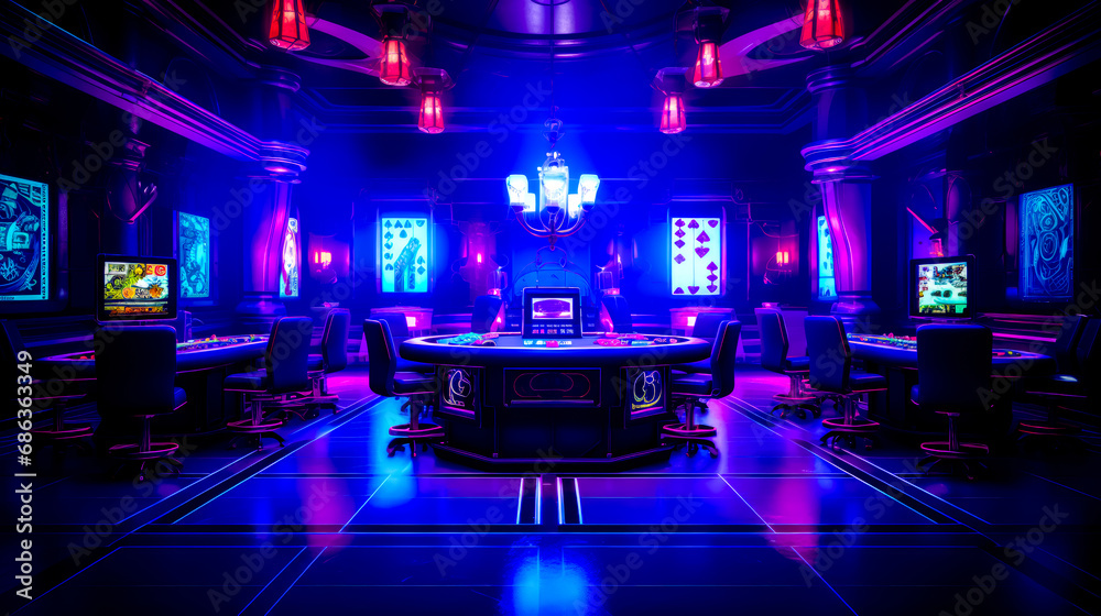 Obraz premium Brightly lit casino room with poker table and casino chips on the table.