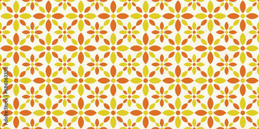 Floral geometric pattern. Seamless background. Orange and yellow ornament. Ornament for fabric, wallpaper, packaging. Decorative print.