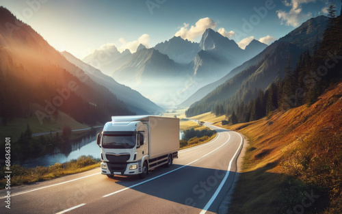 Large white transport truck transporting commercial cargo in semi trailer running on turning way highway road with scenic mountains mountaineous scenery in background. photo