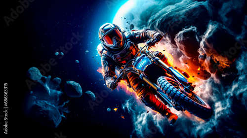 Man riding motorcycle through space filled with smoke and lavas.