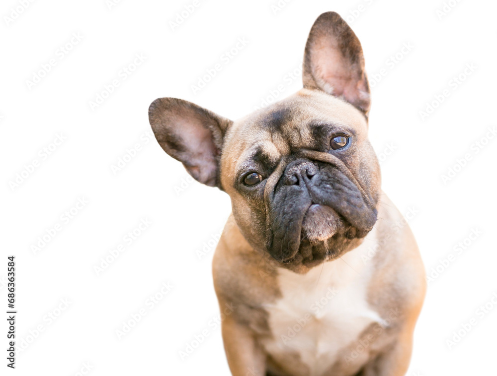 A cute fawn colored French Bulldog listening with a head tilt