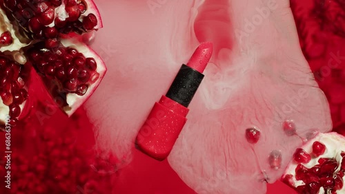 Lipstick on pink background with smoke top view close-up. Art composition of roses with waves of water. Cosmetology and make up photo