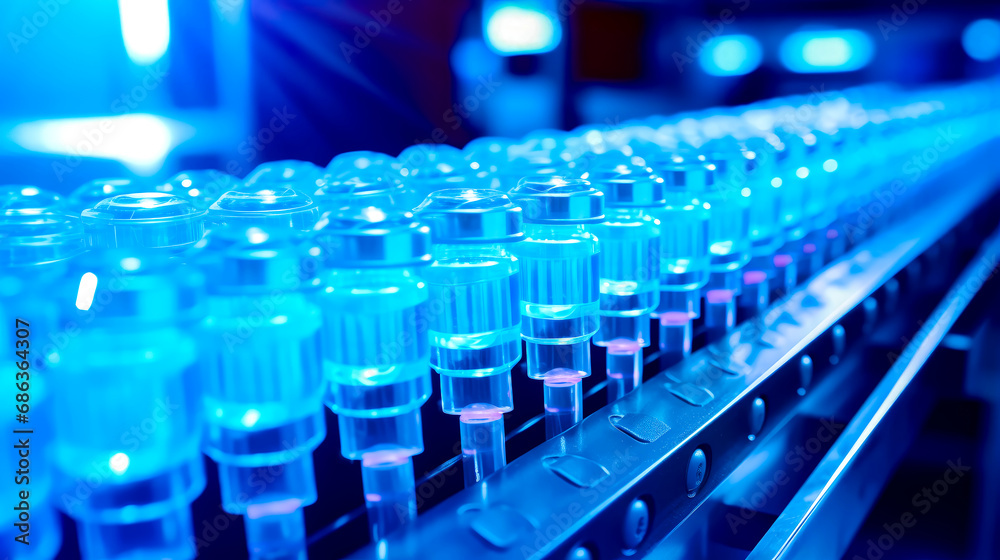 Obraz premium Row of bottles filled with liquid on top of conveyor belt.