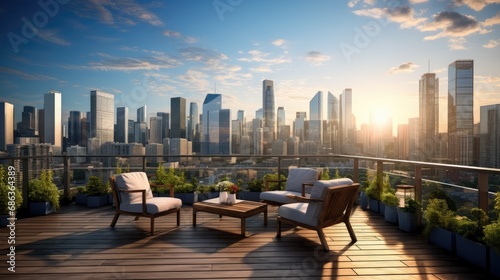 a cityscape with towering skyscrapers in the city center, the beauty of real estate, building skylines during a calm afternoon, an empty rooftop view, symbolizing a sense of success and opportunity.
