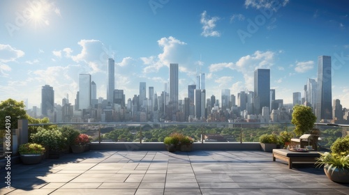 a cityscape with towering skyscrapers in the city center, the beauty of real estate, building skylines during a calm afternoon, an empty rooftop view, symbolizing a sense of success and opportunity.