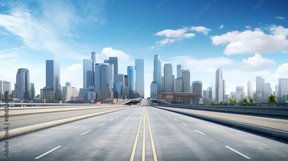 empty urban asphalt road, surrounded by city buildings in the background, the essence of a new, modern highway construction made of concrete.