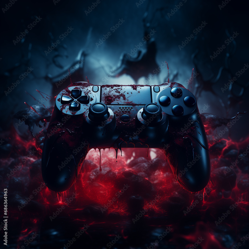 Horror or scary video game background with controller full of blood ...