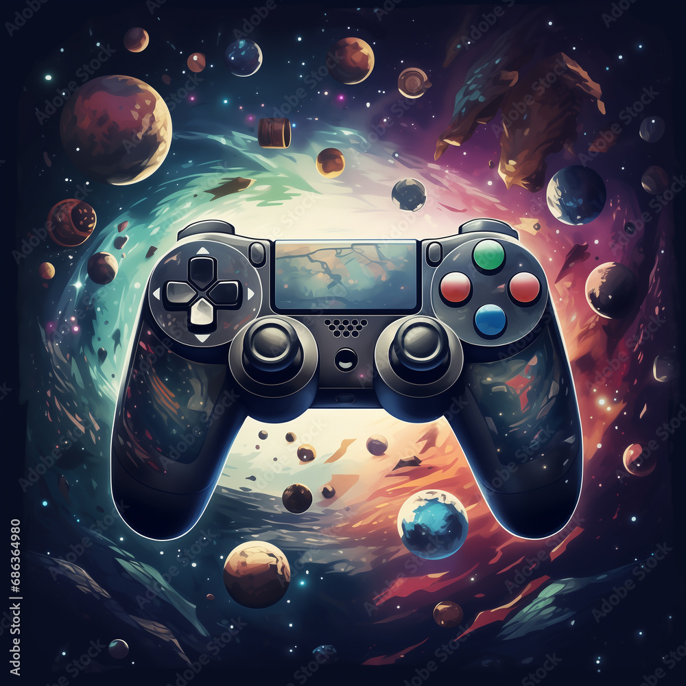 Scifi gaming background with gamepad in the galaxy