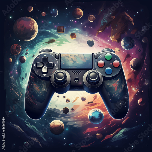 Scifi gaming background with gamepad in the galaxy