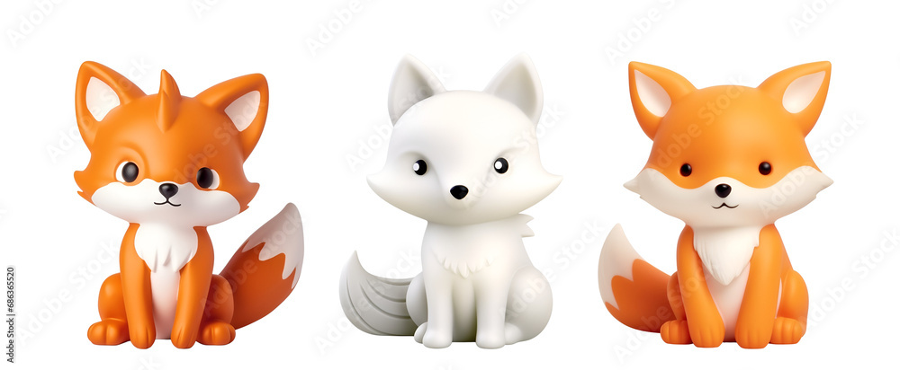 3D Rendering of a Cute Fox Set: Kids’ Plastic Bath Toys in the Style of White and Orange Foxes, Isolated on Transparent Background, PNG 3D Rendering of a Cute Fox Set: Kids’ Plastic Bath Toys in the Style of White and Orange Foxes, Isolated on Transparent Background, PNG