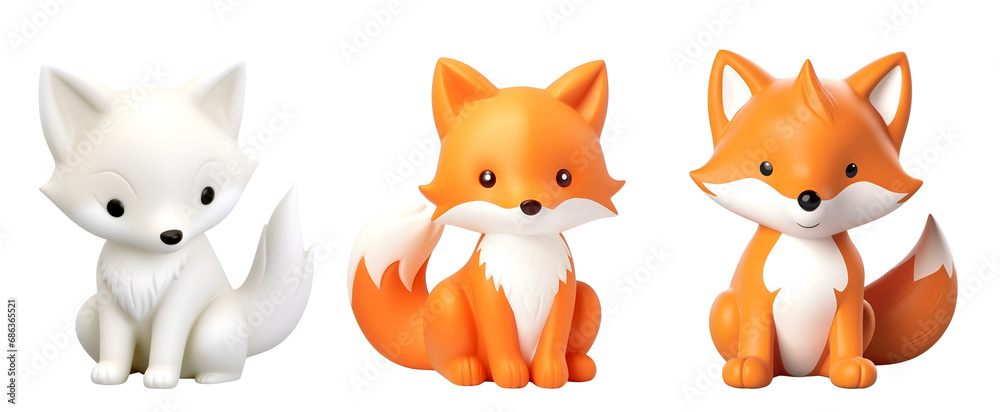 Fototapeta premium Children’s 3D Rendered Banner: A Set of Cute Foxes in White and Orange as Plastic Bath Toys, Isolated on Transparent Background, PNG