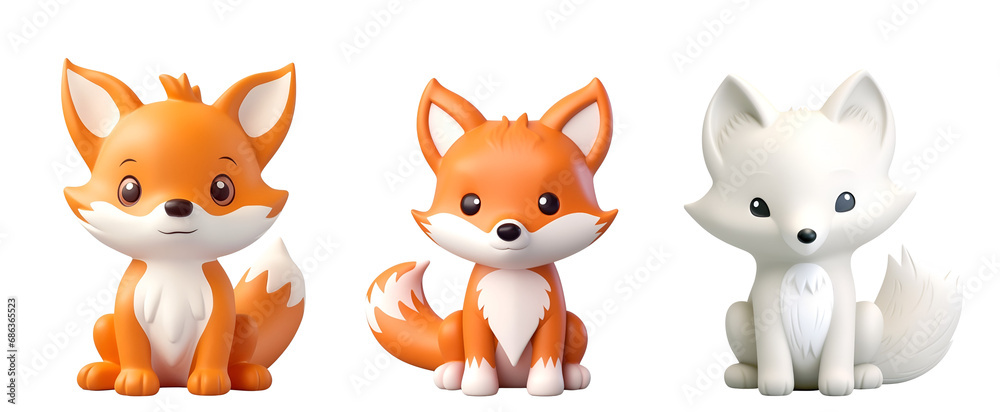 3D Rendered Banner of a Cute Fox Set: Bath Toys for Kids in the Style of White and Orange Plastic Foxes, Isolated on Transparent Background, PNG