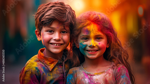 A boy and a girl with joyful faces at the celebration of the Holi festival. Traditions of the Holi Festival. The concept of celebrating Holi. 