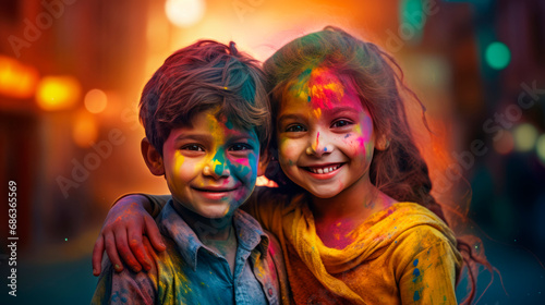 A boy and a girl with joyful faces at the celebration of the Holi festival. Traditions of the Holi Festival. The concept of celebrating Holi.  © Aspirinka