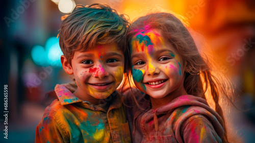 A boy and a girl with joyful faces at the celebration of the Holi festival. Traditions of the Holi Festival. The concept of celebrating Holi. 