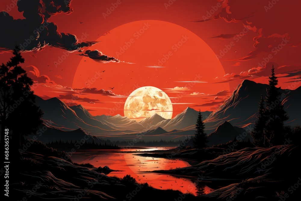 Fantasy alien planet. Surface of Mars. Red Planet. Mars. Mars Landscape. Fantasy Landscape with Silhouette of People and Big Moon. 2D illustration. Fantasy landscape.