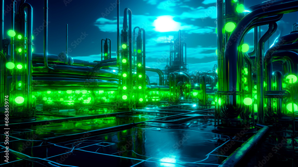 Obraz premium Futuristic city with lot of pipes and lot of green lights.