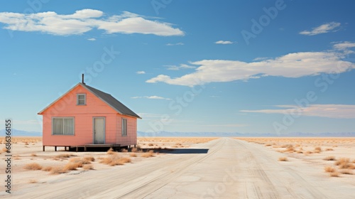 Solitary Peach-Colored House on Desert Road Under Clear Blue Sky 