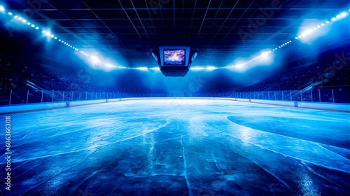 Empty ice rink with tv screen in the middle of the rink.