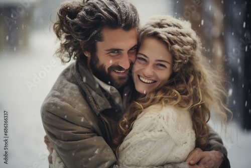 a gorgeous couple in love wearing warm winter clothes, posing together in snowy nature. Valentine concept. Generative AI