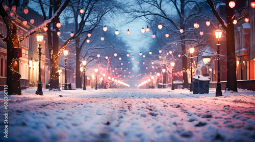 Snowy winter city street with Christmas tree decorations, garlands and lanterns in the evening. Generative AI technology. © Grycaj