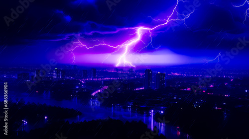Purple and black photo of lightning storm over city at night.