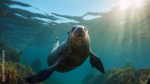 Sea lion swimming underwater. A beautiful sea lion seal enjoying the rays of the sun. generative ai © Witri