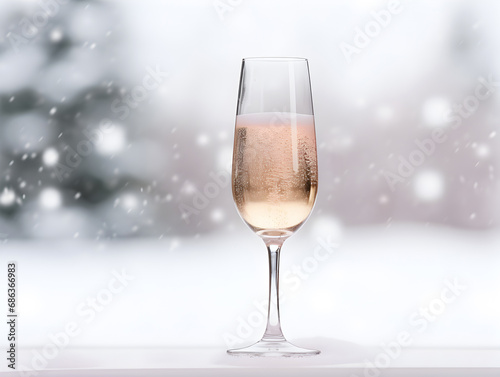 Frosty champagne glass in snowfall on snowy backdrop. Celebration banner with rose sparkling wine. Festive winter champagne banner with free space for text. Wintry champagne toast, champagne in snow