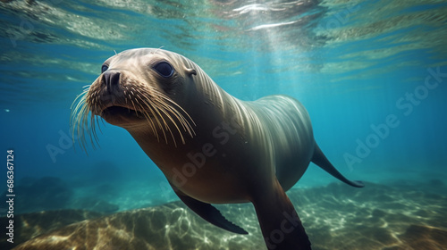 Sea lion swimming underwater. A beautiful sea lion seal enjoying the rays of the sun. generative ai © Witri