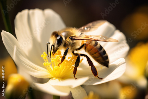 A close-up of a honey bee on a white flower