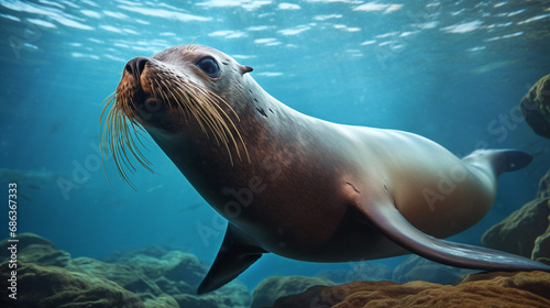 A beautiful sea lion seal enjoying the rays of the sun. Sea lion swimming underwater. generative ai © Witri