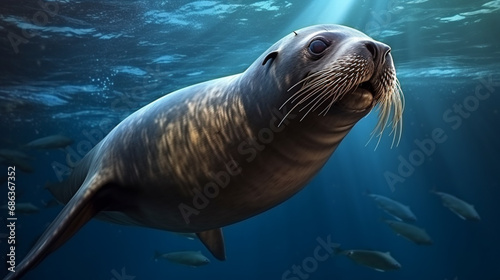 A beautiful sea lion seal enjoying the rays of the sun. Sea lion swimming underwater. generative ai