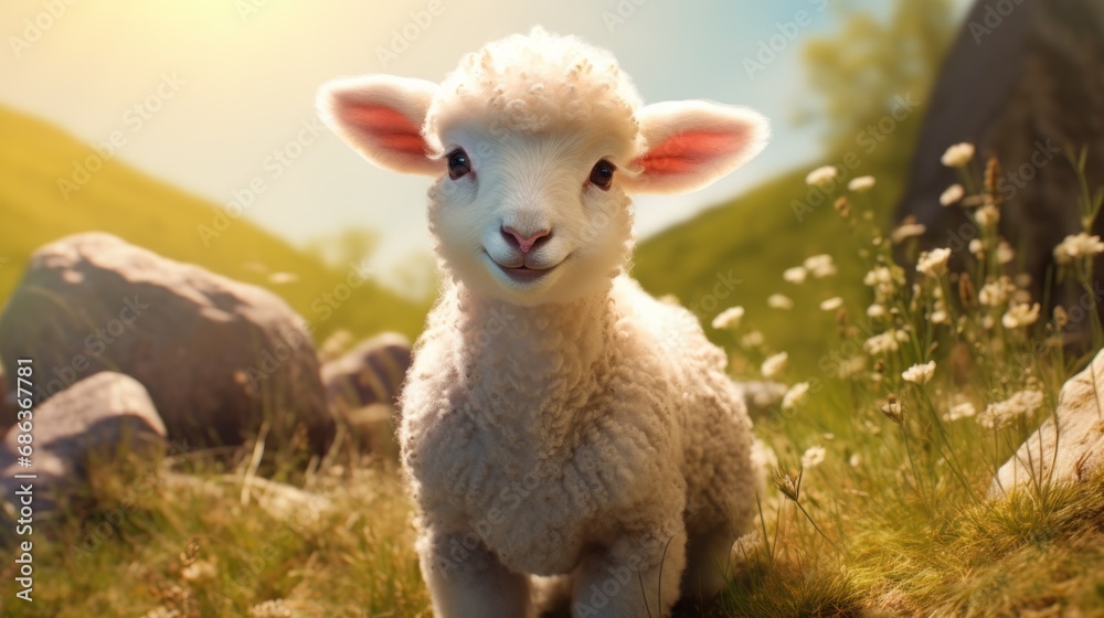  a close up of a sheep in a field with grass and flowers in the background and a sheep in the foreground with grass and flowers in the foreground.