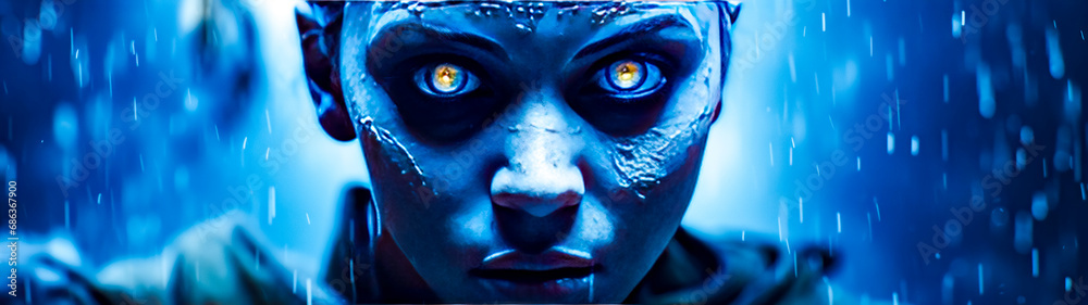 Close up of person's face with blue makeup and yellow eyes. Close up of person's face with blue makeup and yellow eyes.
