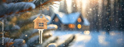 Key with house shaped keychain. Modern private country house with winter snowy forest on the background. Real estate, moving home or renting property concept. Panorama with copy space. photo