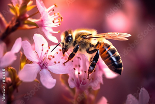 A close-up of a honey bee on a pink flower © paul