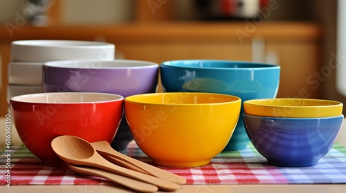 A set of colorful mixing bowls and measuring cups ready for baking.