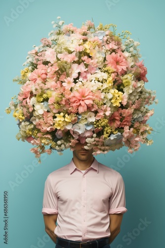 a man wearing a pastel pink shirt has a big bunch of flowers on his head, we cannot see his face. Blind endless love concept. Generative AI © Miss V
