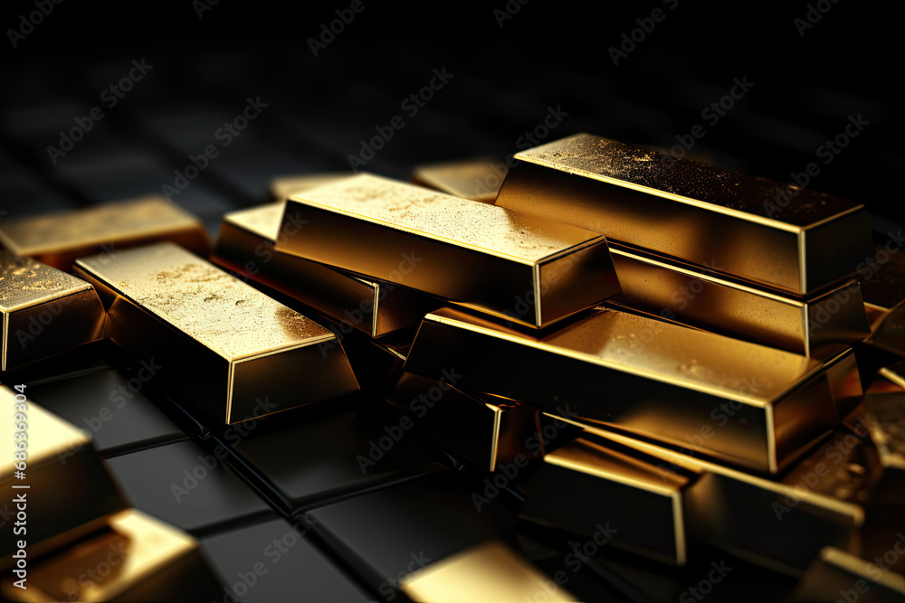 Gold bars stacked in a pile.