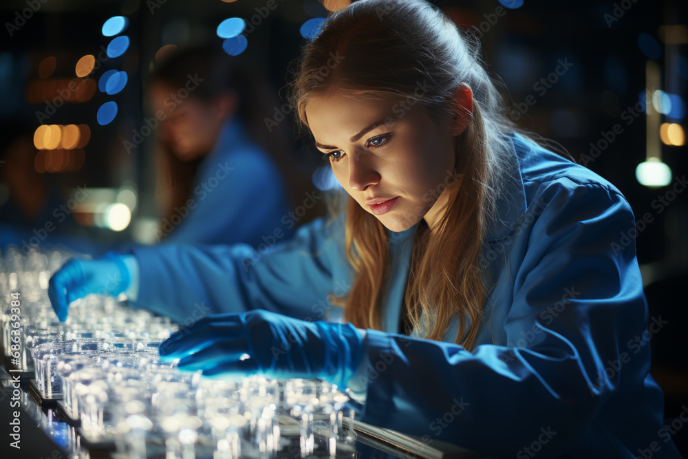 female scientist with test tubes in biology laboratory